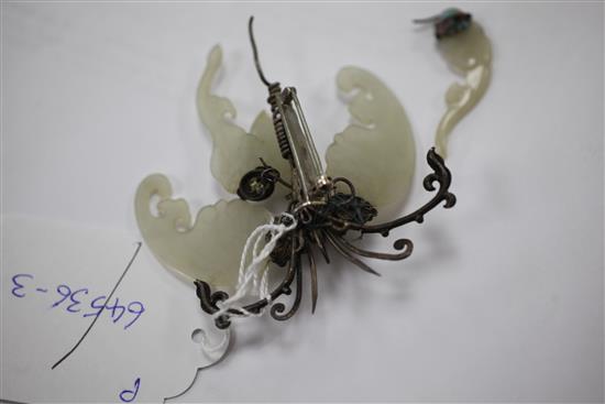 A Chinese pale celadon jade silver and enamelled articulated model of a butterfly, late 19th / early 20th century, width 7.5cm